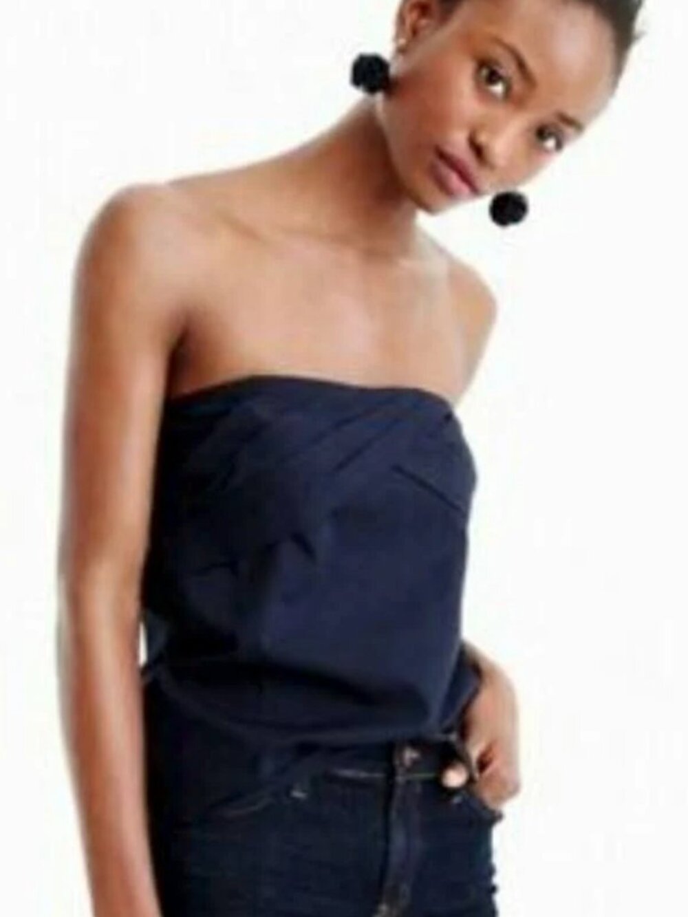 J. Crew Navy Strapless Cotton Twist Front Top